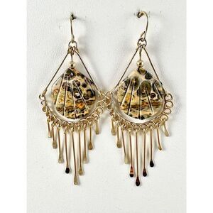 Leopard Skin Jasper Dangle Earrings Shell Design 14K Gold Filled Wire with Tasse